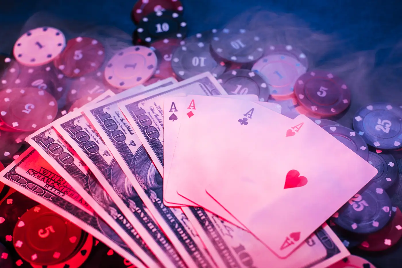 Stock photo: banknotes, poker chips and playing cards