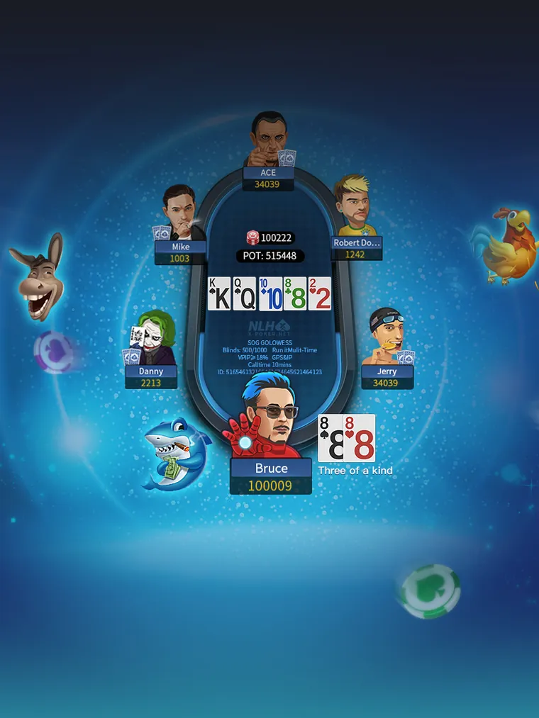 X-Poker table: a No-Limit Hold'em hand with players, pot and community cards