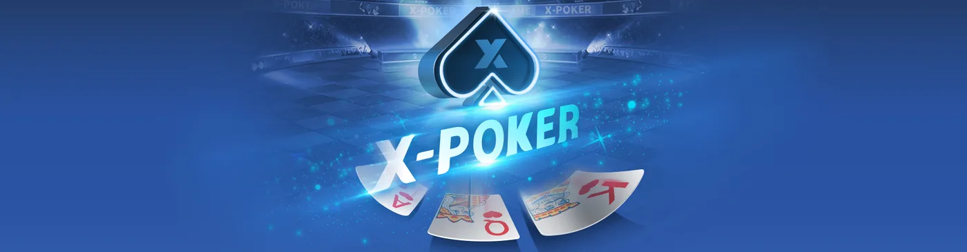 X-Poker logo with a spade emblem and three playing cards on a blue stage