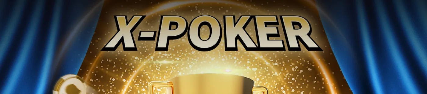 X-Poker logo in gold letters on a stage with blue curtains
