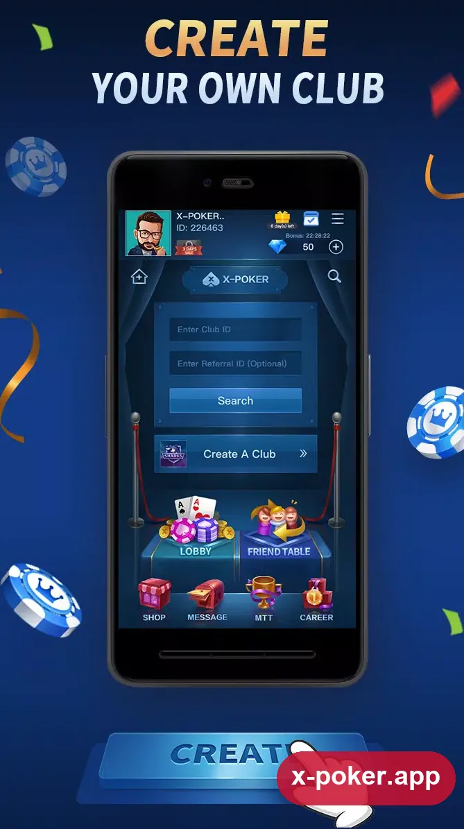 X-Poker — создание клуба Экран создания клуба в X-Poker: Club ID и Referral ID