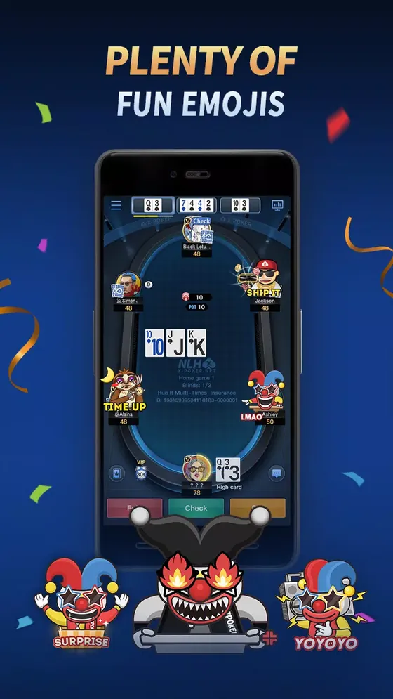 X-Poker app screenshot: emoji reactions at the table