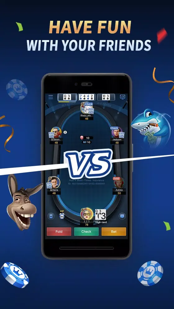 X-Poker app screenshot: a friends table