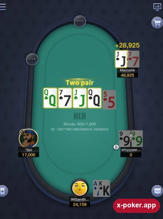 Two pair at showdown on X-Poker